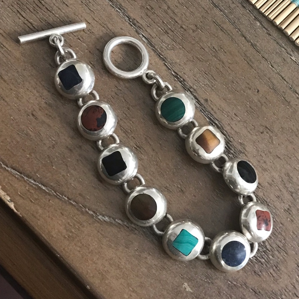 Vintage Sterling Silver Heavy Stone Toggle Bracelet